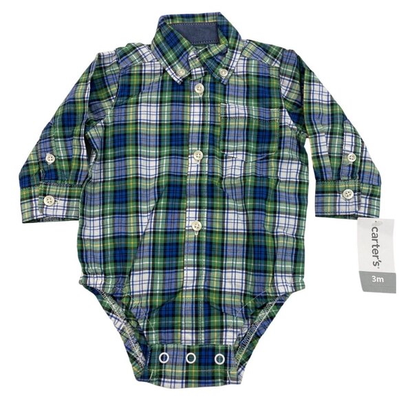 Carters Baby Boys Green & Blue Plaid Button-Up Bodysuit Size 3M - New - Picture 1 of 8